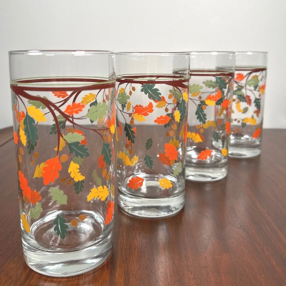 Libbey Drinking Glasses Fall Autumn Oak Leaf Acorn Harvest Highball Rustic FOUR